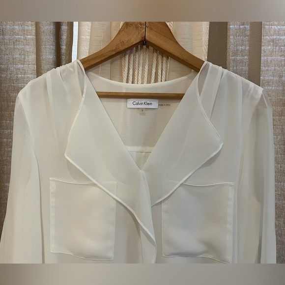 Calvin Klein Sz S Ivory Blouse Layered Sheer Rolled up Sleeve Top Career work - Picture 6 of 11